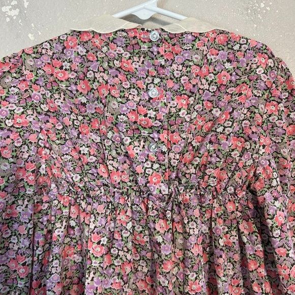 VTG Girls Smocked Floral Dress 6/8 Long Sleeve Collar Lace Trim Pink Purple - Picture 8 of 10